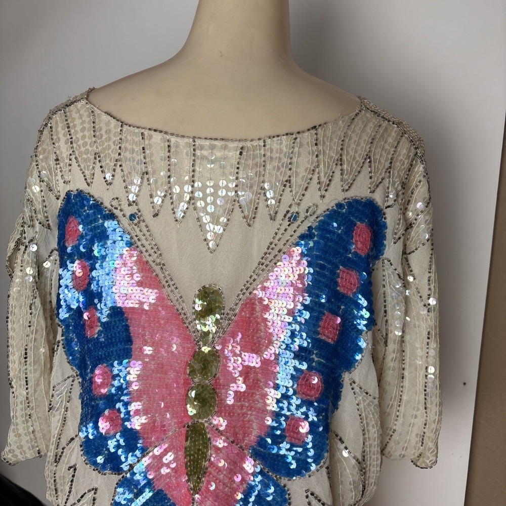 Vintage Butterfly Beaded & Sequins Queen Top Made In India Party Shirt Silk M/L - Picture 7 of 13